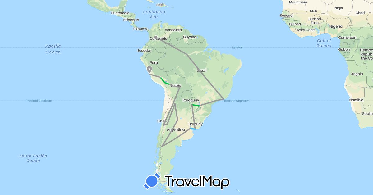 TravelMap itinerary: driving, bus, plane, boat in Argentina, Bolivia, Brazil, Chile, Colombia, Peru, Paraguay, Uruguay (South America)